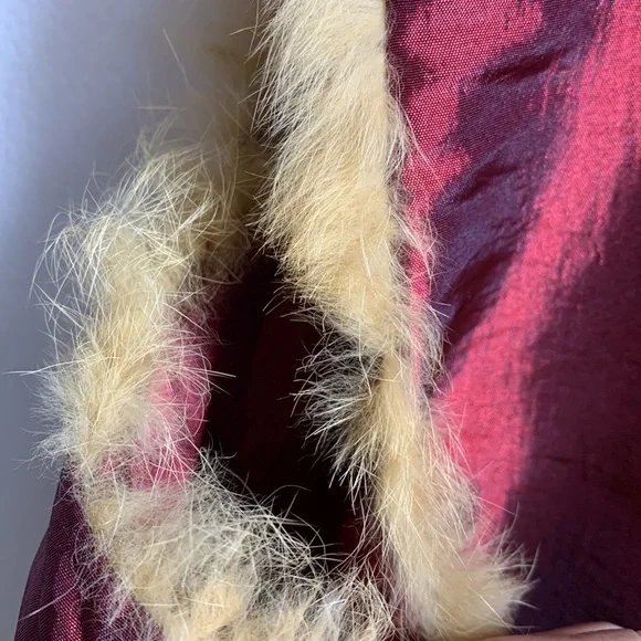 Antique Floral Embroidered Burgundy Silk Vest with Golden Fur Trim, frog toggles - Picture 9 of 12